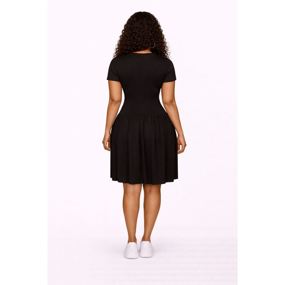 Black Button Detail Flare Mini Dress with Gold Accents